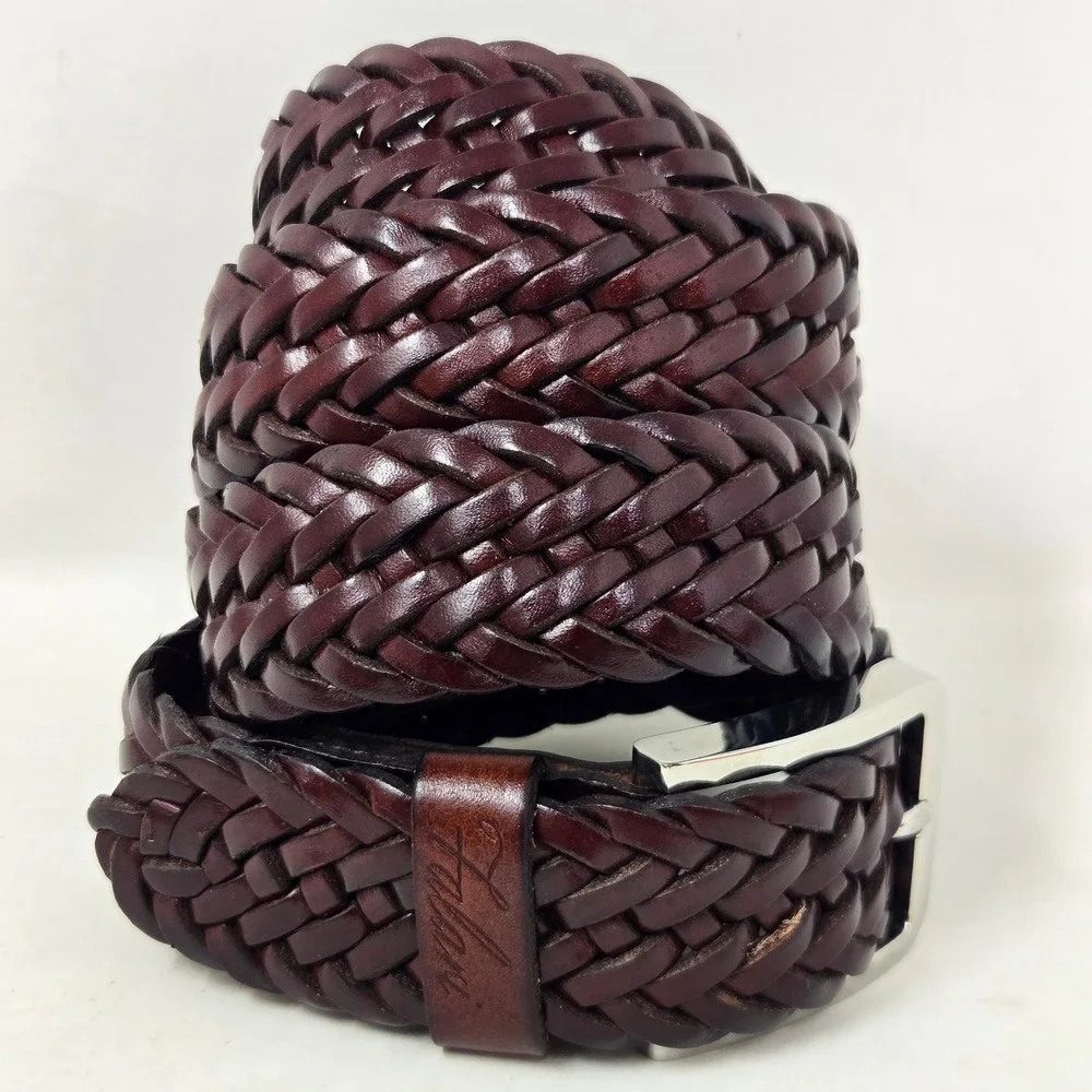 Fabiani Mens Braided Woven Leather Belt Brown Stainless Steel Buckle 42-44 9007